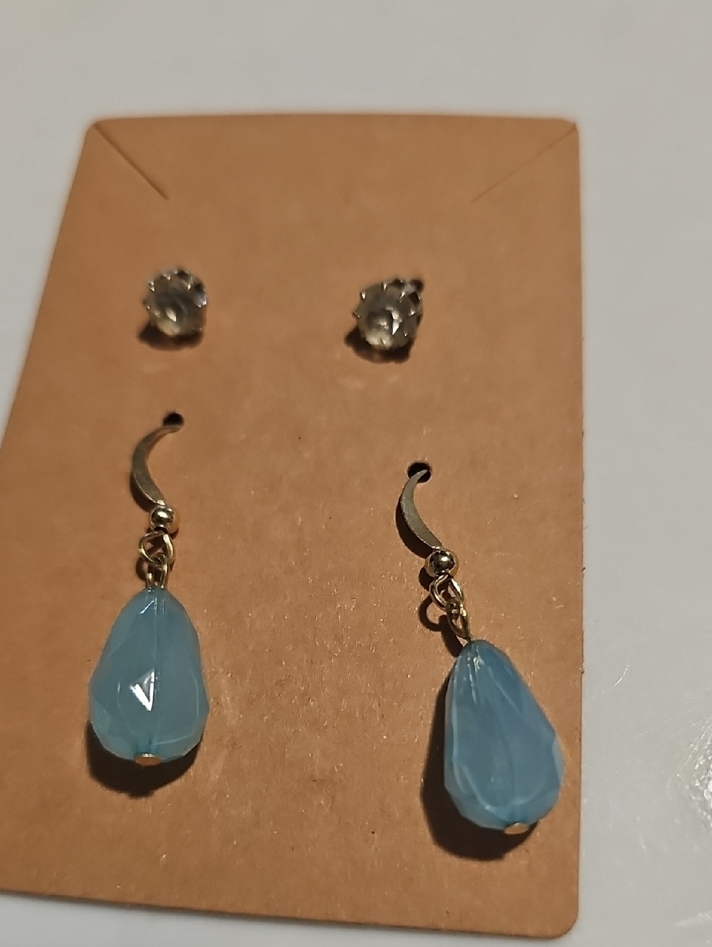 Gold Blue Crystal Drop Earrings with Rhinestone Studs Set 2prs